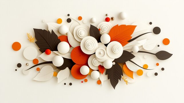 Artistic Paper Cut Floral Design 3D Flower Arrangement with Leaves, Orbs, and Decorative Elements.
