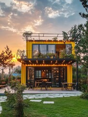 Modern Two Story Container House with Yellow Metal Exterior Walls and Glass Windows