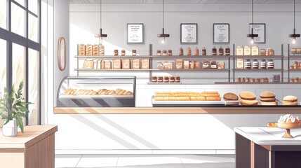 A light filled interior illustration depicting a well stocked bakery shop