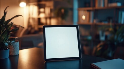 Blank Tablet Screen on Dark Wooden Desk at Night