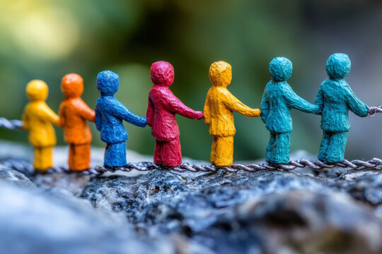 Colorful figurines holding hands symbolize unity and teamwork, Business concept.