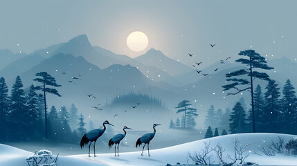 Serene winter landscape featuring three cranes in a snowy setting with mountains and a rising moon
