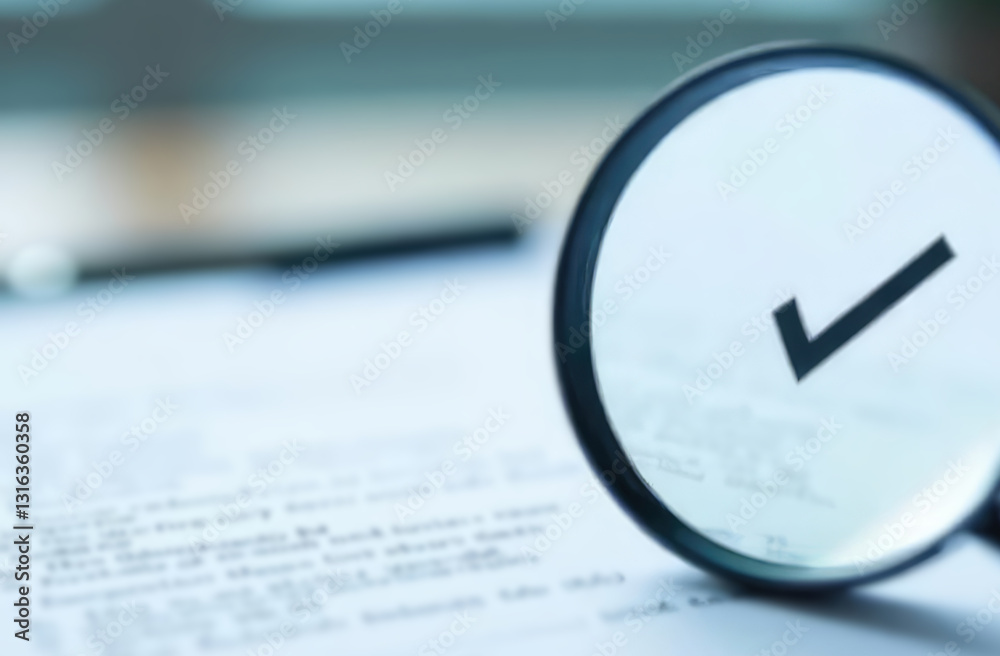 Leinwandbilder magnifying glass and check mark icon,show check the authenticity of the document,concept of rules of conduct rules and policies company regulations Terms and Conditions