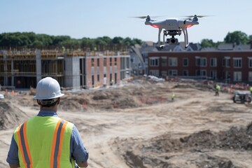 A drone engineer skillfully pilots a drone above an active construction site, recording detailed aerial views of the building progress under clear daylight conditions