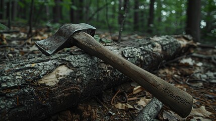 Mysterious Axe Buried Deep Within a Thick Forest Log Near Trees