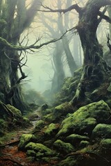 Mysterious Moss-Covered Forest Landscape with Ancient Trees and Rocky Terrain
