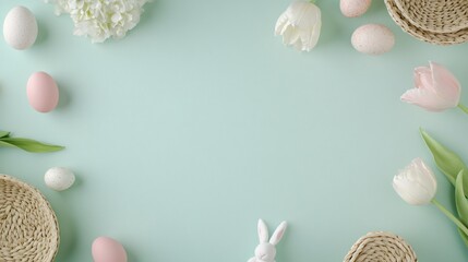 Obraz premium easter bunny, Serene workspace layout, soft pastel colors, decorative elements like flowers and pebbles, ideal for calming creative projects.