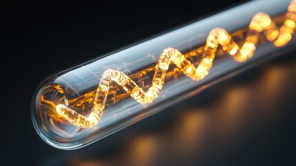 Close up of a glowing DNA helix inside a test tube, futuristic genetic engineering, CRISPR biotech, molecular research, high tech science