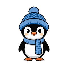 "Adorable Winter Cartoon Penguin Illustration – Cute Penguin in Blue Hat & Scarf on Snowy Ground with Wooden Hut & Trees"