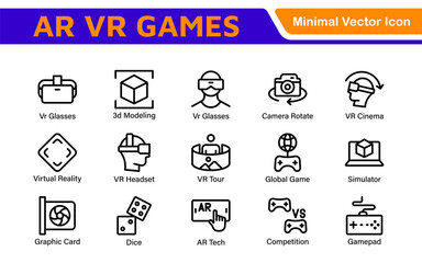 Fototapeta premium AR VR Games Icons Collection. Vector-Based Icons for Virtual Reality, Augmented Reality, Gaming, and Immersive Tech