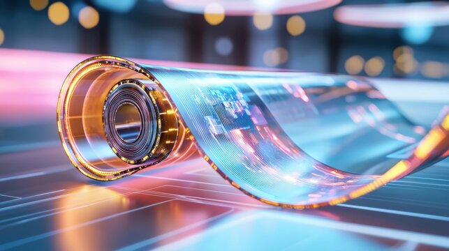 Macro shot of a flexible OLED display bending into a roll, futuristic screen technology, ultra thin, high resolution innovation, sci fi electronics