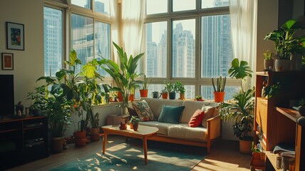 Fototapeta premium Chic apartment filled with lush plants and natural light, creating a serene and inviting atmosphere.