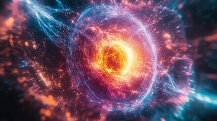 Fototapeta premium Futuristic sci-fi artwork of a glowing circular portal emitting bright blue and purple light, set within a high-tech metallic corridor, with a silhouetted figure adding mystery and scale