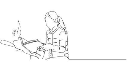 Continuous Line Drawing of Children Reading Together Demonstrating Learning