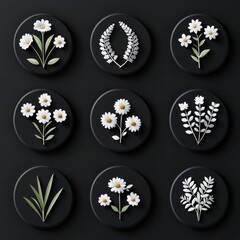 A meticulously crafted set of black and white icons, each representing a different facet of the natural world: lush grass blades, delicate leaves, vibrant foliage, and the intricate textures 
