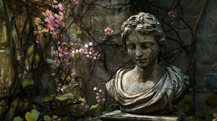 Sculpture in Blossom: Stone Bust Amidst Courtyard Vines 