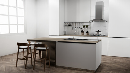 Kitchen bar on set kitchen shaped modern style white and wood concept. 3d rendering