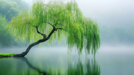 Misty morning by a weeping willow