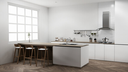 Kitchen bar on set kitchen shaped modern style white and wood concept. 3d rendering