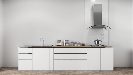 white kitchen room scene mockup and set shaped kitchen design. 3d rendering