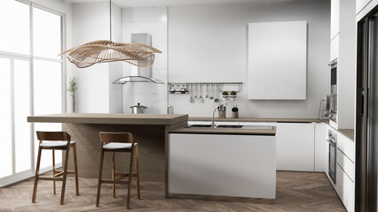 Kitchen bar on set kitchen shaped modern style white and wood concept. 3d rendering