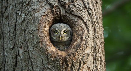 Obraz premium Curious owlet peering from tree hollow bathed in soft sunlight. AI Generated