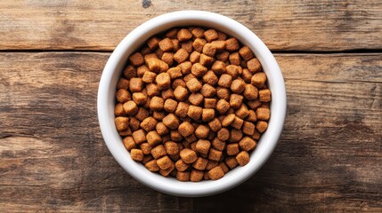 A bowl of dry cat food, its contents a blend of savory kibble and crunchy textures, ready to nourish the feline companion of a loving household.