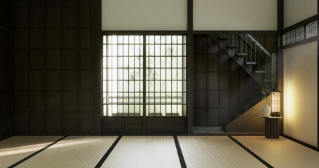Nihon room design interior with door paper and cabinet shelf wall on tatami mat floor room japanese style. 3D rendering