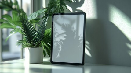 Tablet Display with Tropical Plants and Sunlight Shadow