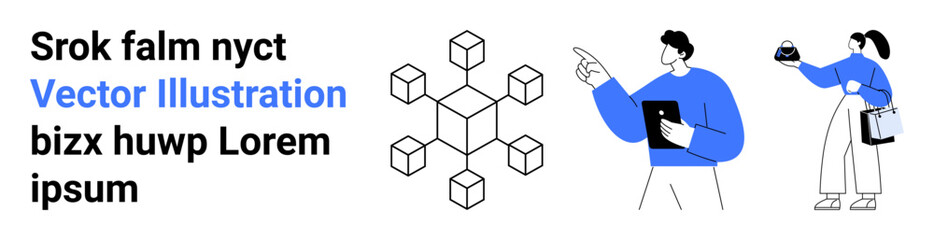 Worker pointing at blockchain diagram, another holding file and cube. Ideal for teamwork, blockchain, tech, data flow, digital analysis, innovation, flat landing page banner