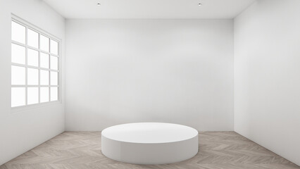 Scene to show products Empty room white on wooden floor interior design.3D rendering