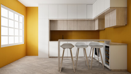 Mock up yellow Kitchen room mock up.3D rendering