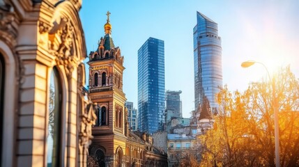 Historic Church and Modern Skyscrapers in Urban Landscape