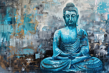 Ancient statue great Buddha on bright holiday composition, abstract vivid composition consists of fictional unreal fantastic vision on background