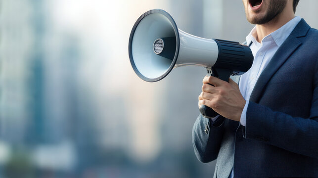 Businessman holding megaphone making loud announcement in city