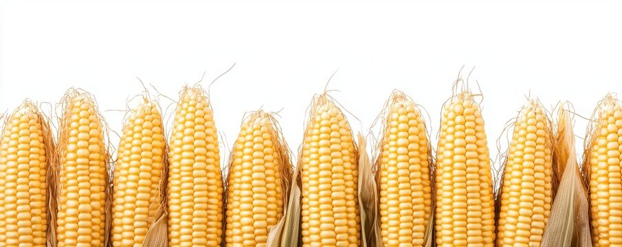 A row of golden corn cobs displayed side by side, showcasing their vibrant kernels and natural texture against a white background.