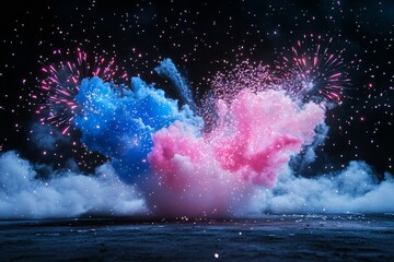 A stunning display of pink and blue fireworks lights up the night sky during a joyful gender reveal celebration, creating a magical atmosphere for family and friends