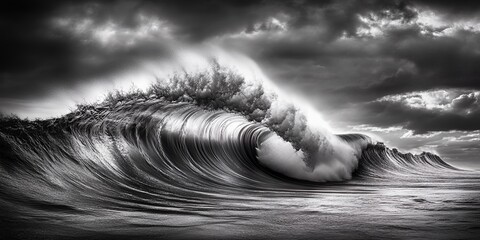 Obraz premium Dramatic Ocean Wave Monochrome Photography Powerful Nature Seascape sky art wild surf