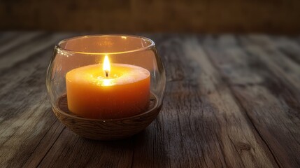 Cozy Evening Atmosphere with Warm Orange Candle in Glass Holder on Rustic Wooden Table Creating Relaxing and Tranquil Ambiance for Home Decor