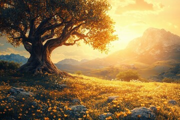 Fototapeta premium Majestic Sunset Landscape: Golden Tree in a Flower Field and Mountain View