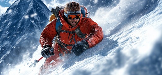 Climber Ascending Snow Covered Mountain Blizzard Adventure