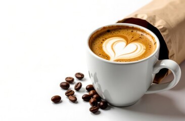 Fototapeta premium Cafes and restaurants. A mug of invigorating, black coffee with heart shaped foam and coffee beans in a bag on a white background. Place for an inscription. The concept of hot drinks and love.