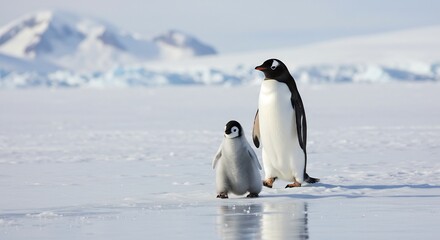 Obraz premium Emperor Penguin chick waddles playfully beside adult in bright Antarctic sunlight. AI Generated