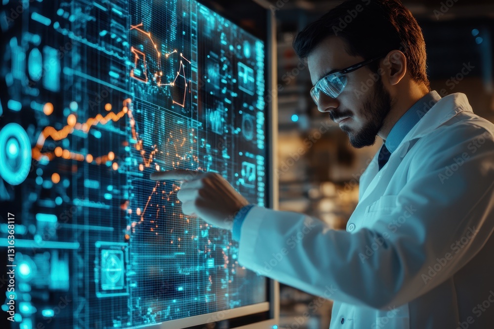 Poster scientist analyzing data trends on a digital display in a high-tech laboratory setting