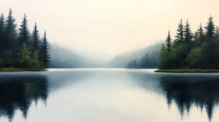 Fototapeta premium Misty lake with trees, serene reflection