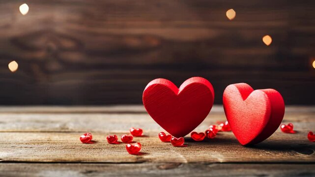  A pair of entwined hearts resting on a rustic wooden surface, symbolizing love and connection. Perfect for romantic designs and celebrations of affection.