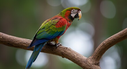 Obraz premium Vibrant Macaw Perches Gently on Branch Soft Sunlight Bathes Colorful Plumage. AI Generated
