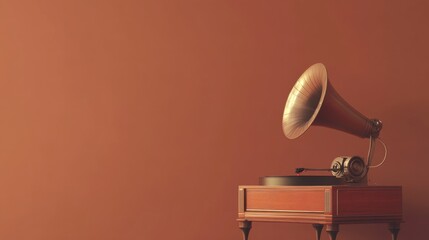 Vintage gramophone on wooden table with classic design, retro music player against warm brown wall, nostalgic look at a timeless musical instrument