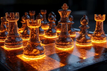 Illuminated chess pieces showcase intricate design during evening game in cozy indoors setting