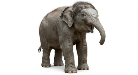 Adorable baby elephant stands playfully against bright white background. AI Generated
